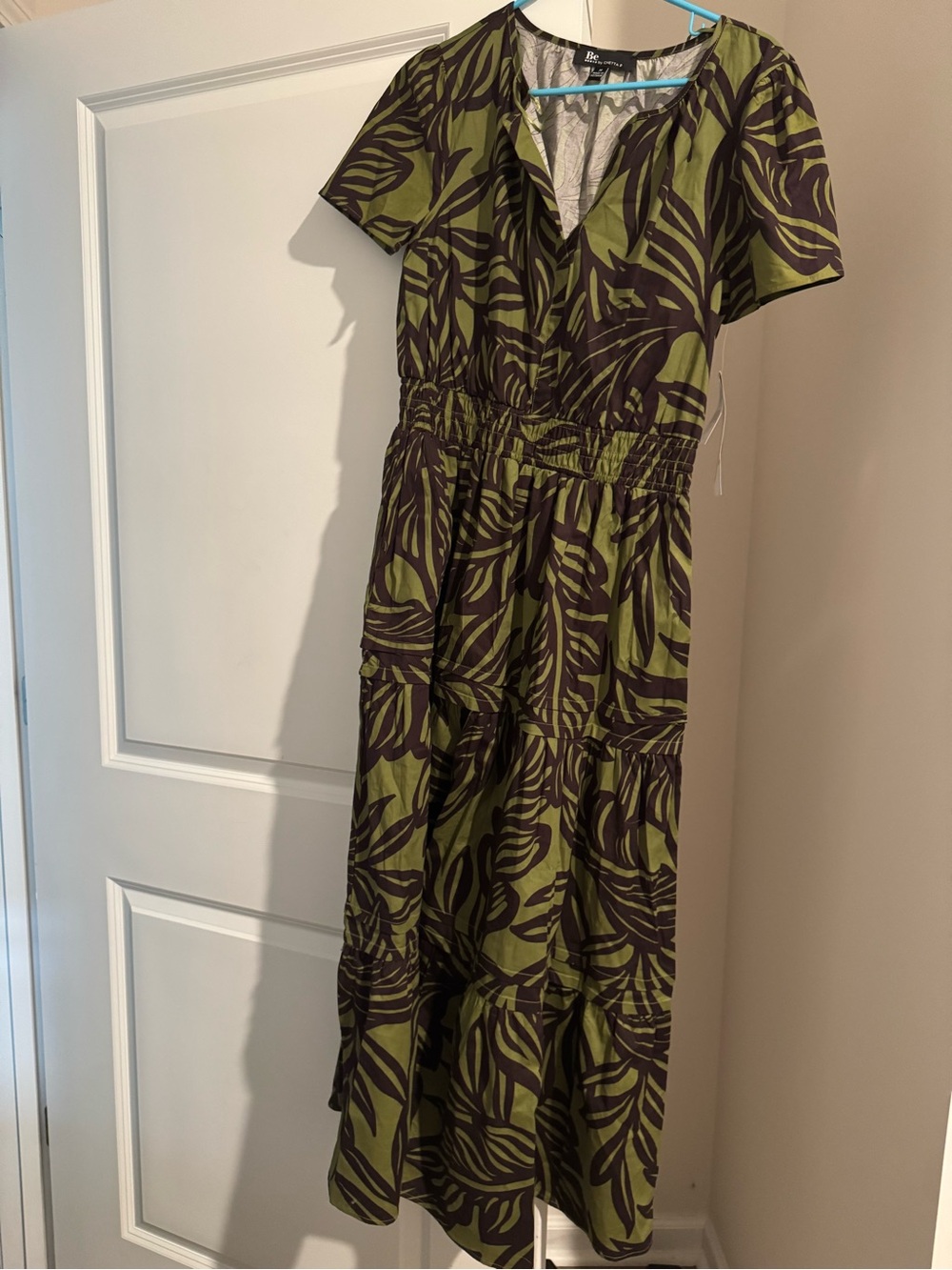 Olive & Dark Brown Leaf-Print Tiered Maxi Dress